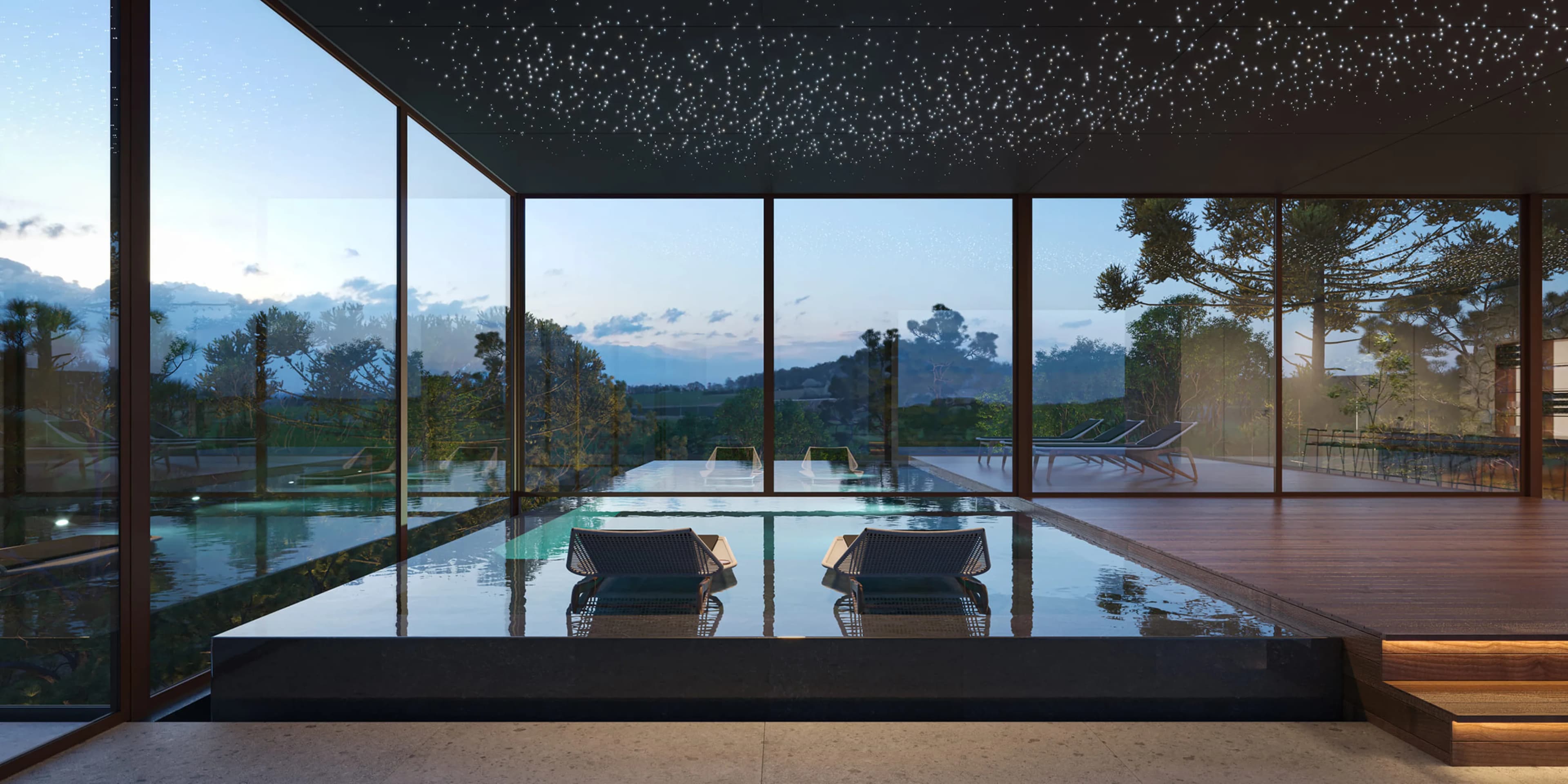 Vive Le Vin — Piscina coberta ao entardecer, Pedra Azul